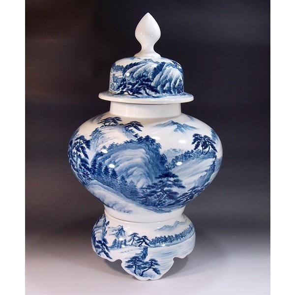 有田焼 染付山水画飾り沈香壺｜陶芸作家 藤井錦彩 作 : 有田焼 藤井錦