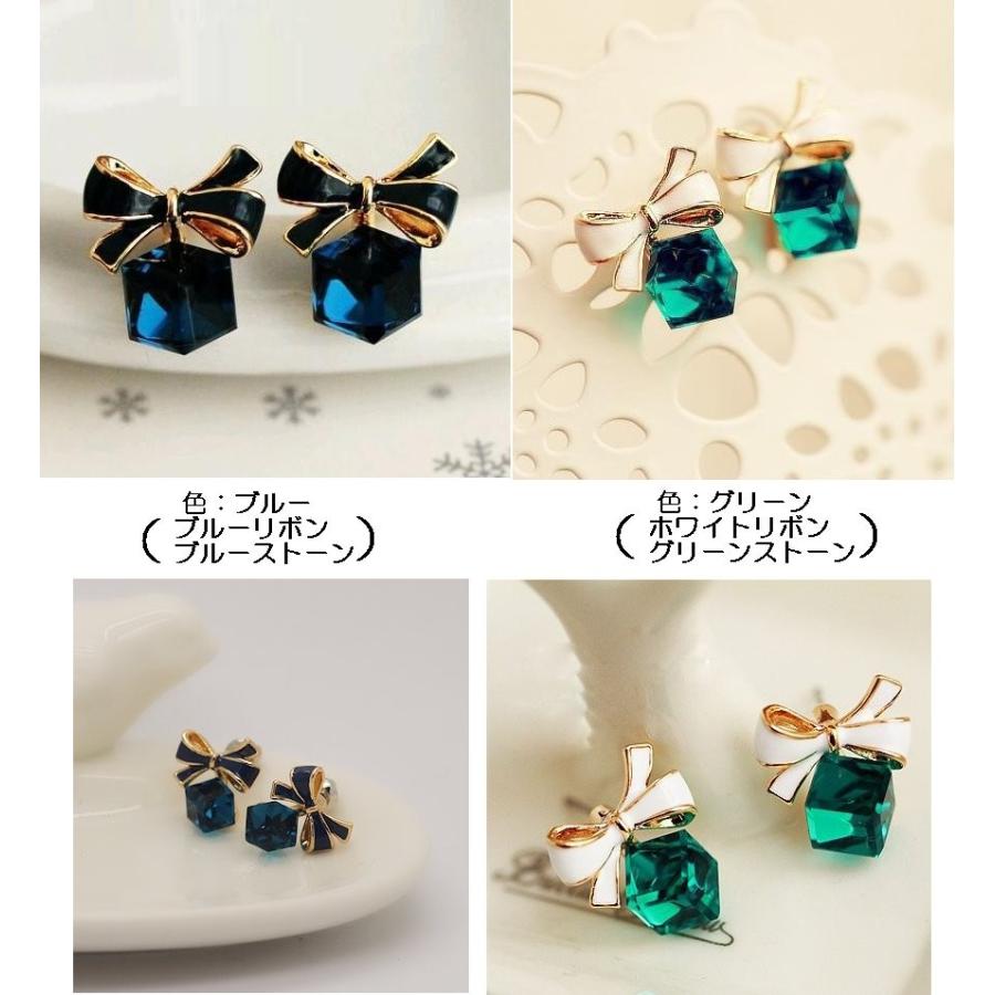 ピアス イヤリング スワロフスキー リボン キューブ ブルー グリーン