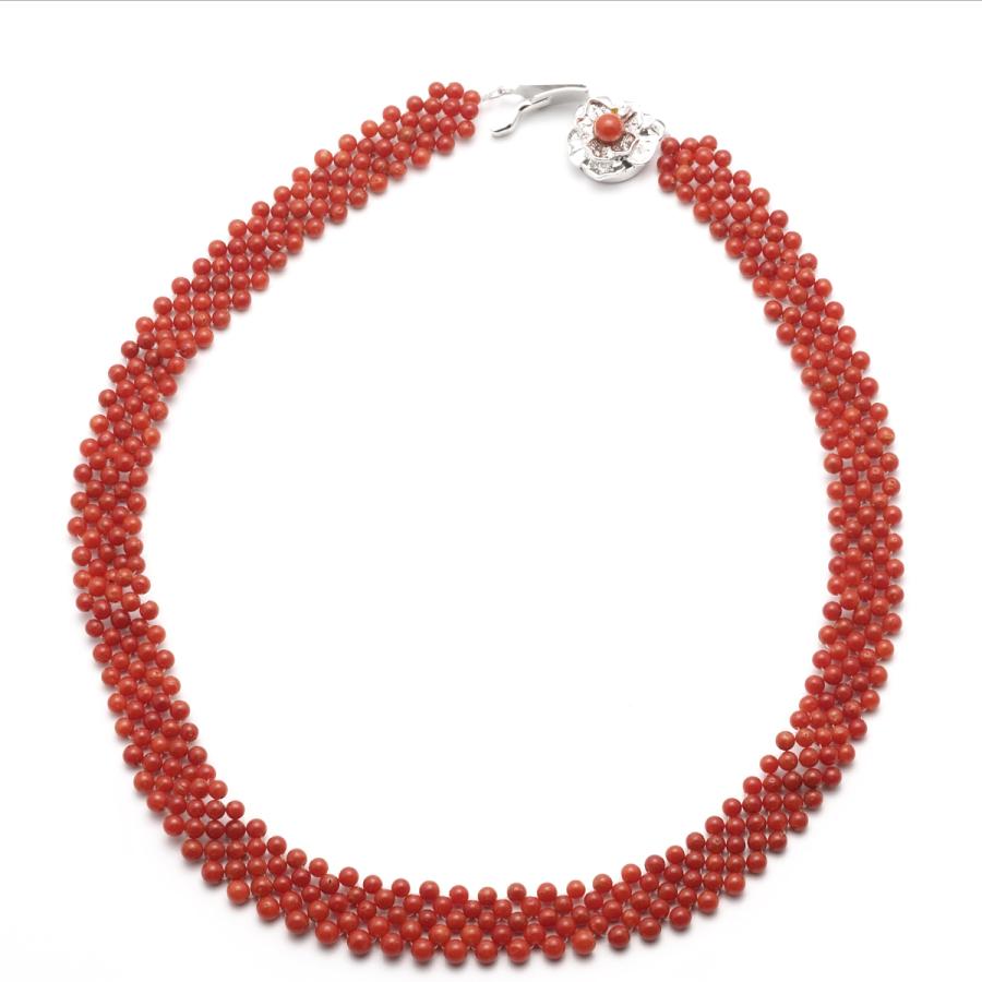 胡渡珊瑚 編み込み チョーカーネックレス 38cm 天然 ビーズ 地中海