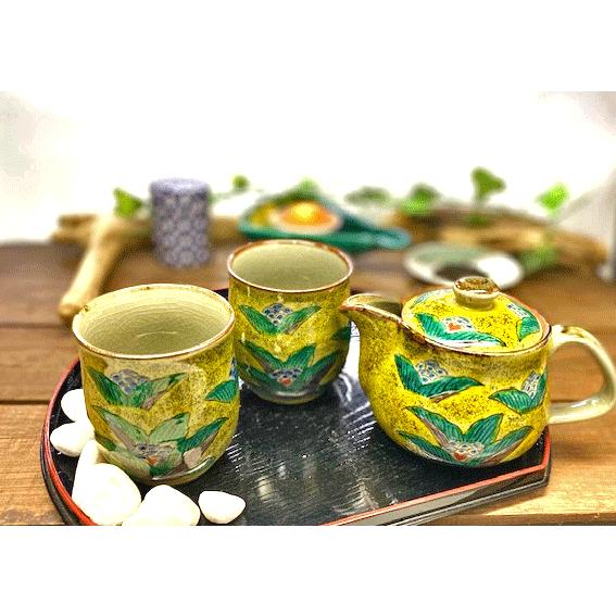 九谷焼 高級 陶磁器 急須3点セット 小 吉田屋万年青 ハート 裏絵