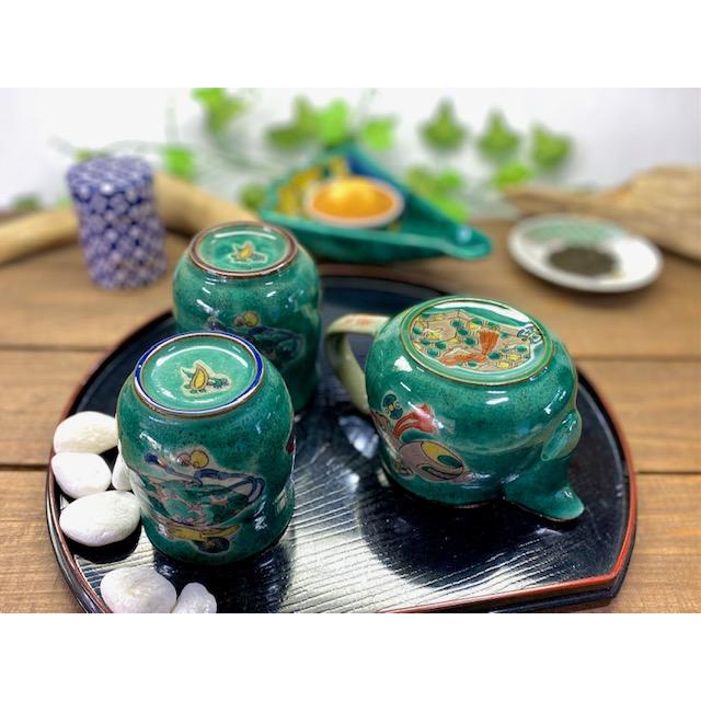 九谷焼 高級 陶磁器 急須3点セット 小 宝尽くし緑塗り 裏絵(Kutani