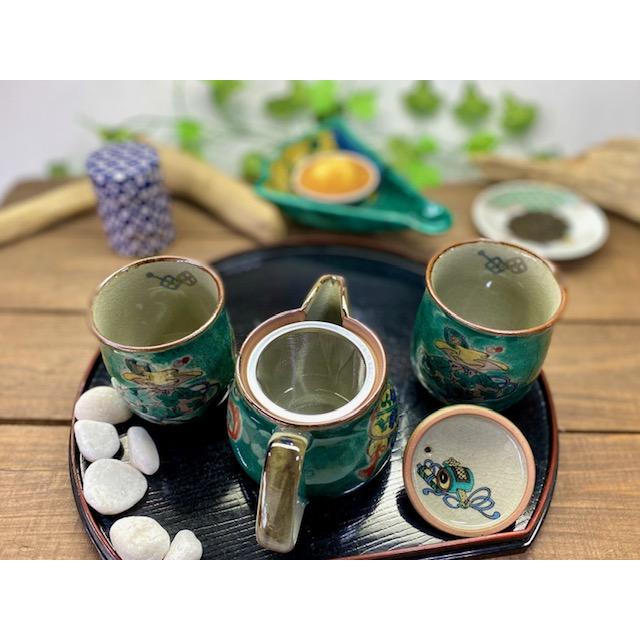 九谷焼 高級 陶磁器 急須3点セット 小 宝尽くし緑塗り 裏絵(Kutani