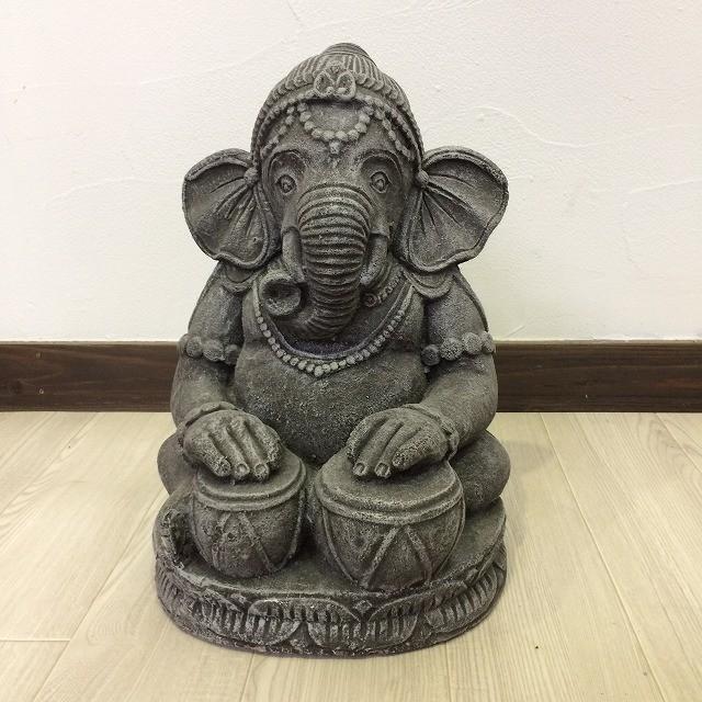 石像 ガネーシャ 置物 太鼓 H40cm 黒灰色 セメント ガーデンオブジェ