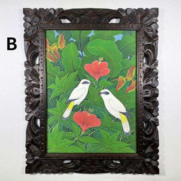 バリ絵画 ブンゴセカン 鳥の絵 ハイビスカス 赤 2柄 W43×H53cm バリ