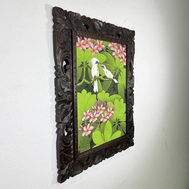 バリ島絵画 ブンゴセカン 鳥の絵 プルメリア W43×H53cm 花鳥風月 バリ