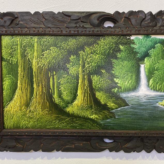バリアート 滝の絵 森の滝 額付き W103×H43cm 横長 (1520) 癒し バリ島