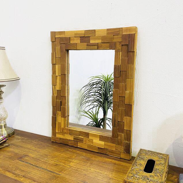 壁掛け鏡 アジアンミラー ウッドタイル フレーム 鏡 H60 W45 壁掛け