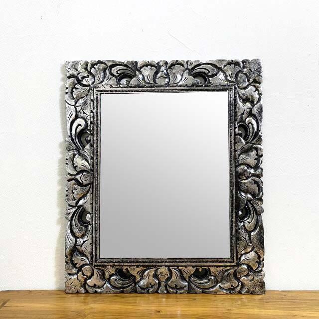 鏡 壁掛け 木製フレーム 2色 55×65cm シルバー ゴールド 透かし彫り