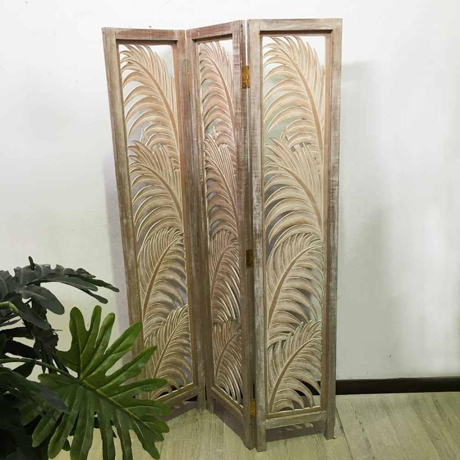 パーテーション 衝立 3連 パームリーフ柄 ホワイト H170cm 木製 彫刻