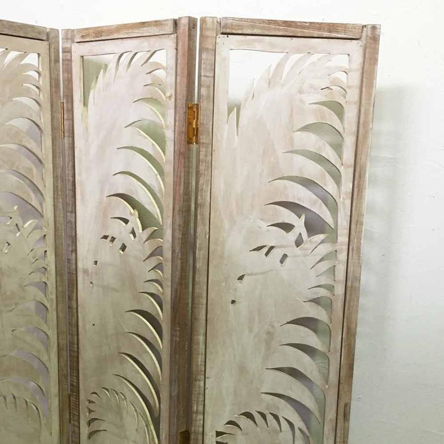 パーテーション 衝立 3連 パームリーフ柄 ホワイト H170cm 木製 彫刻