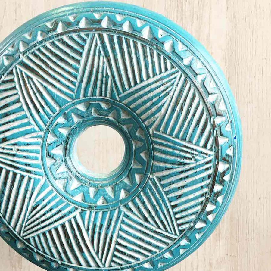 木彫り スタンドオブジェ 置物 ターコイズブルー Lサイズ 丸型 円盤