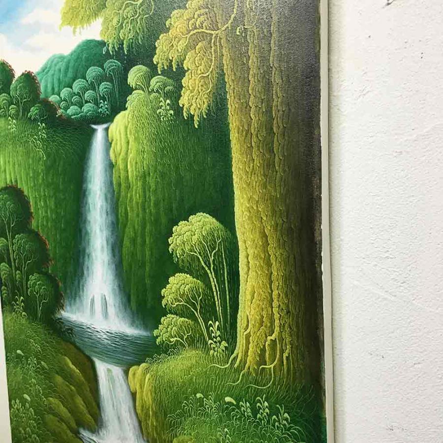 森の絵 滝の絵 森の滝 フレームなし W60×H80cm 緑 グリーン バリ絵画