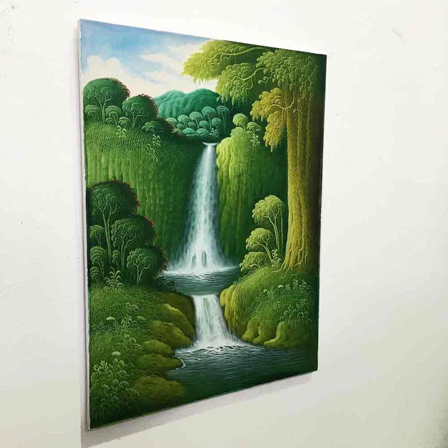 森の絵 滝の絵 森の滝 フレームなし W60×H80cm 緑 グリーン バリ絵画