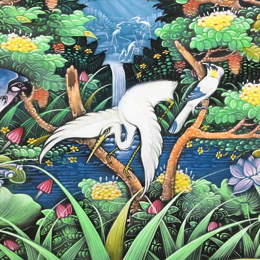 バリ絵画 鳥の絵 W80×H60cm 花鳥風月 絵画 アートパネル 緑 バリ雑貨