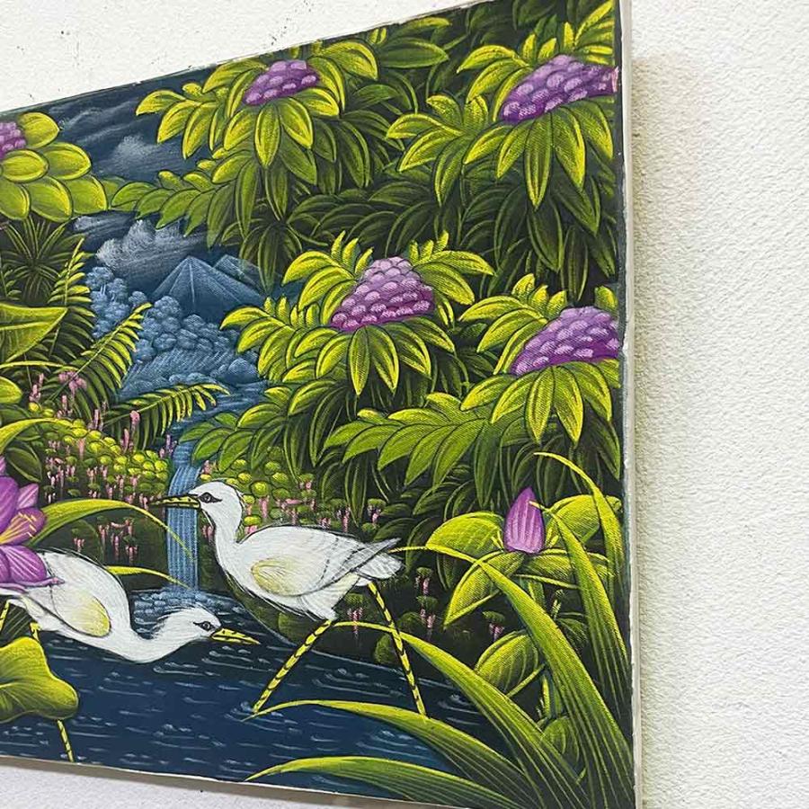 バリ絵画 鳥の絵 2羽 小鳥 白サギ W40×H30cm ブンゴセカン 癒し 花鳥