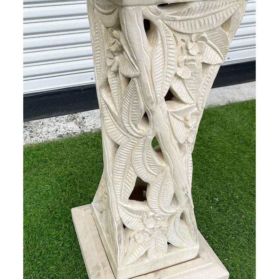 バリ島製 石台 プルメリア柄ボウル オブジェ 角柱 スクリュー H80cm