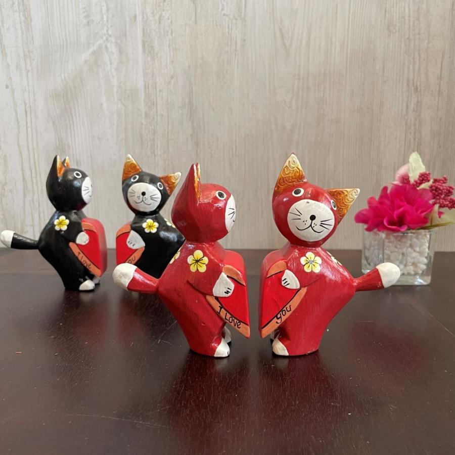 アジアン雑貨 木製 バリネコ ハート オブジェ ペア 2体 セット 可愛い