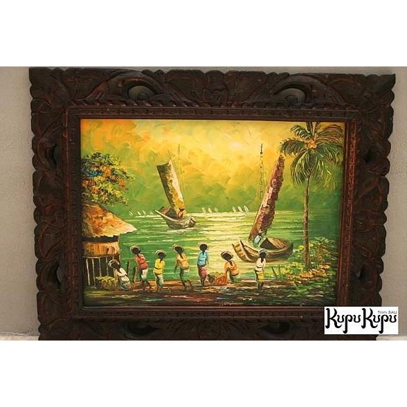 バリ島の絵画 港の市場 約W53cm×H43cm アジアン アート バリアート