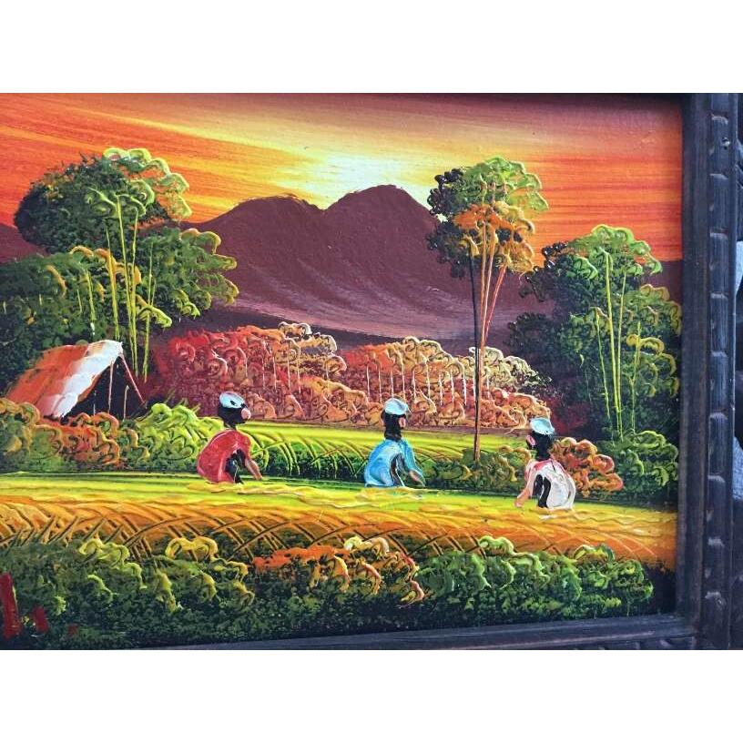 バリ絵画 稲刈りとバトゥール山 サンセット B-4 38×33 風景画 額付き