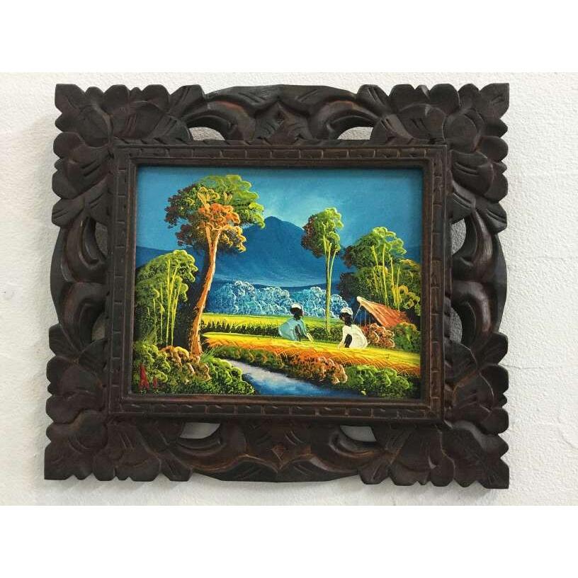 バリ絵画 風景画 稲刈りとバトゥール山 38×33 B-3 額付き バリ ウブド