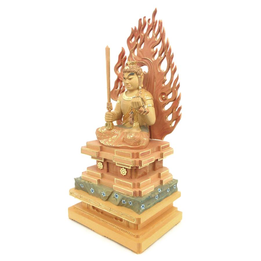 仏像 不動明王 座像 3.5寸 四角台座（瑟々座） 火焔光背 桧木淡彩色