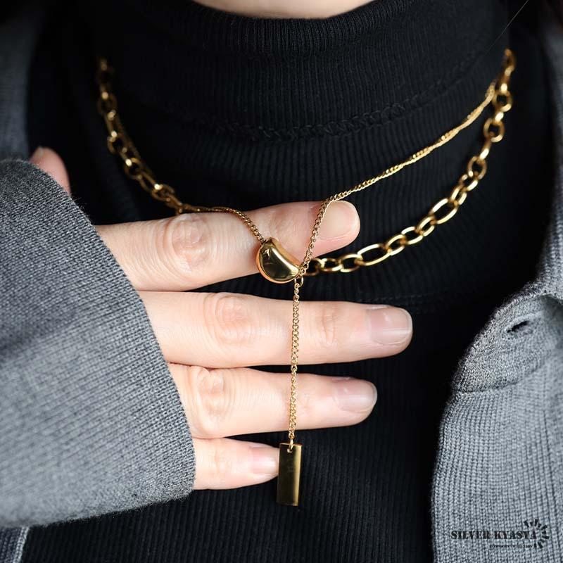 ステンレス 2連ネックレス 2点セット 重ね付け コロンっとした 豆