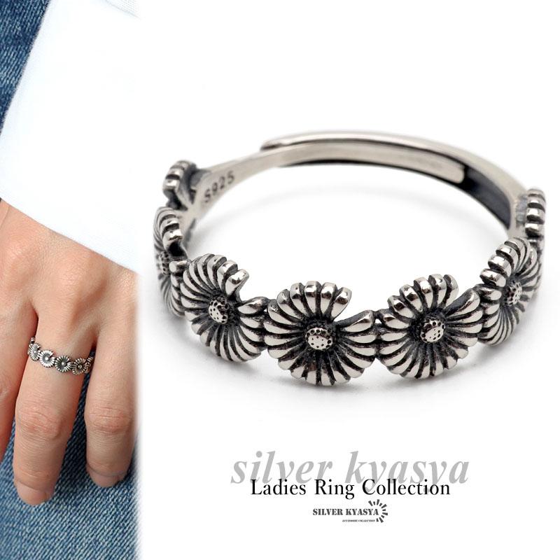 シルバー925 フラワーリング 細身リング お花リング 菊 デイジー