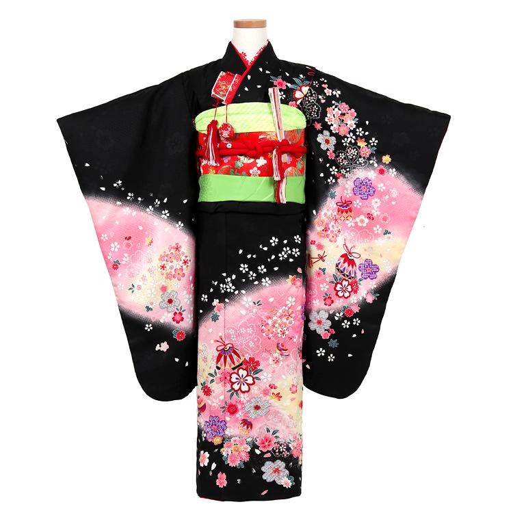 七五三 着物 7歳 レンタル フルセット 女の子 箱迫セット 黒 古典柄 七
