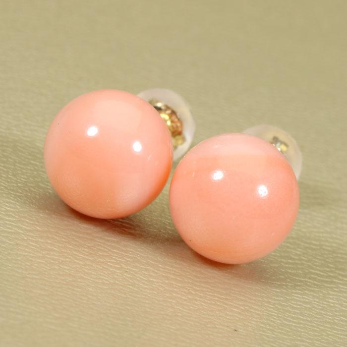 宝石珊瑚のSANSUI ガーネ 珊瑚 ピンク ピアス 丸玉 K18 18金 イエロー