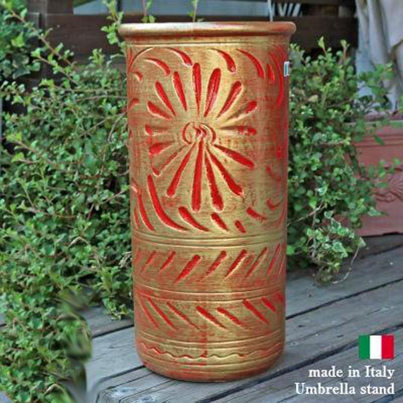 陶器 かさ立て イタリア製 アンブレラスタンド レッド×ゴールド