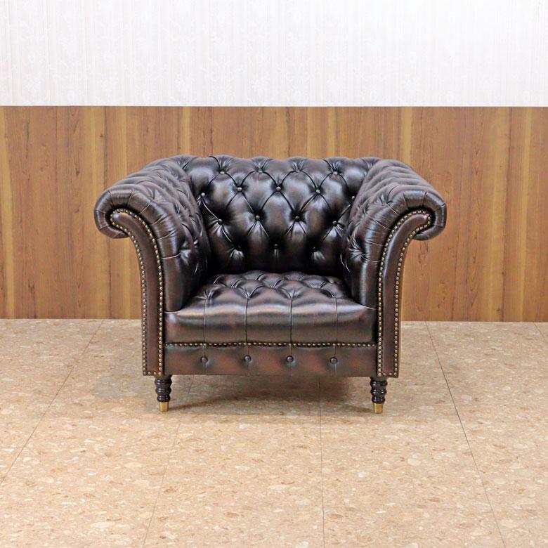 総革張りソファーセット チェスターフィールド 3人掛け+1人掛け2台 3点