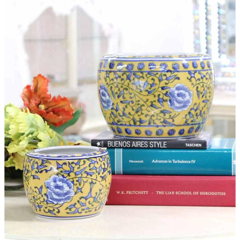 水鉢 黄色 花柄 5号 シノワズリ ミニ火鉢 鉢カバー プランターカバー