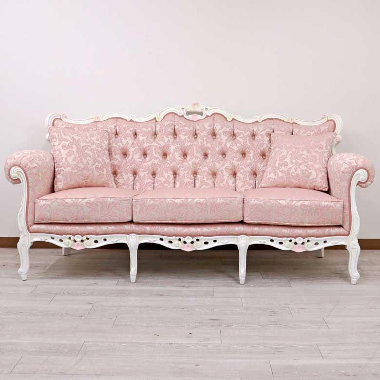 イタリア 3人がけ ソファー ホワイト ピンクアラベスク パリッジ 木製