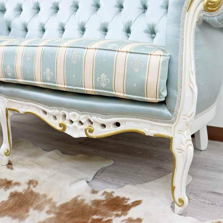 イタリア 2Pソファ ターコイズブルー 二人掛け ソファ 白家具 猫脚