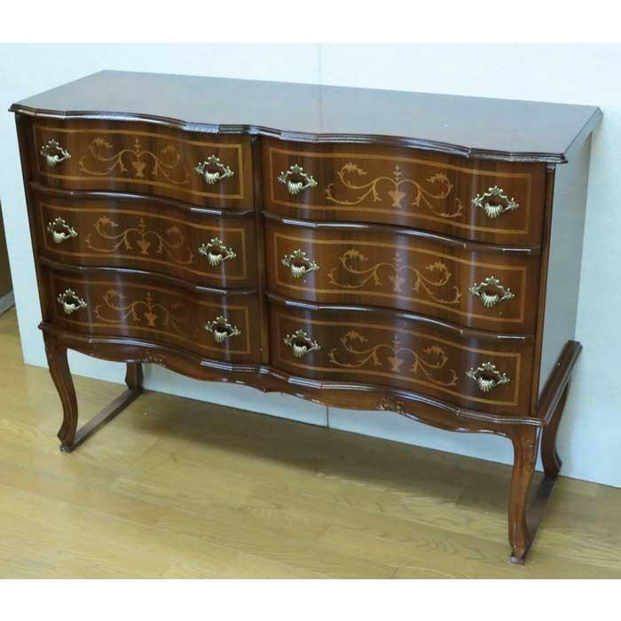 チェスト 木製 6段 完成品 茶 112cm 象嵌 ロココ調 イタリア 家具 猫脚