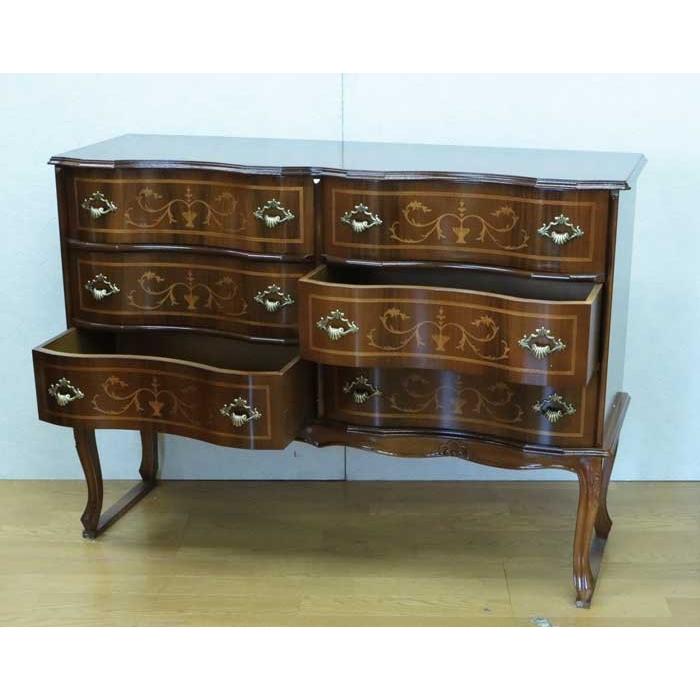 チェスト 木製 6段 完成品 茶 112cm 象嵌 ロココ調 イタリア 家具 猫脚