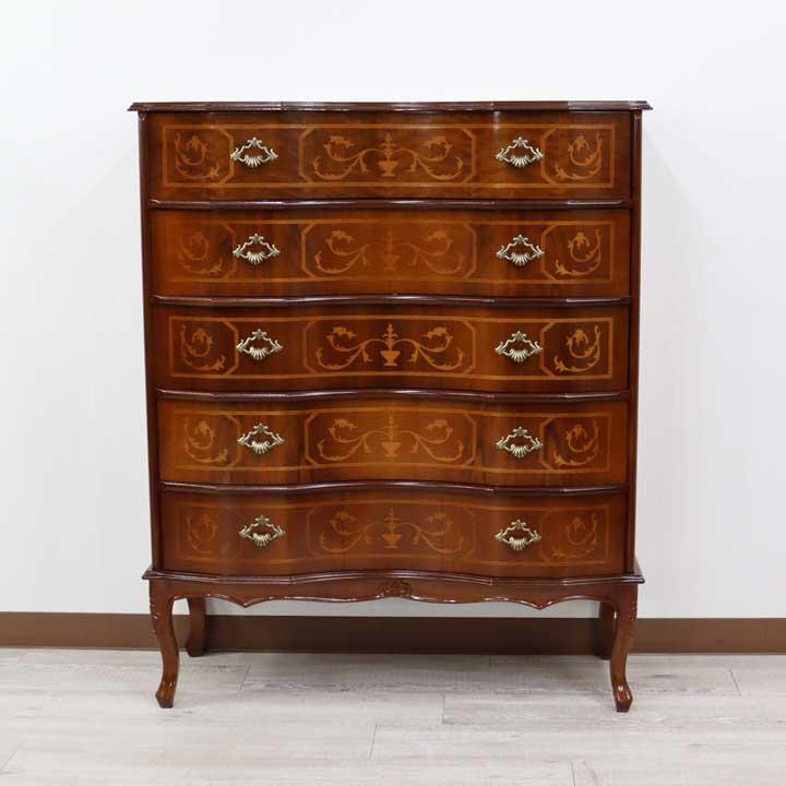 イタリア 5段 チェスト 茶 87cm 象嵌 ロココ調 家具 猫脚 完成品