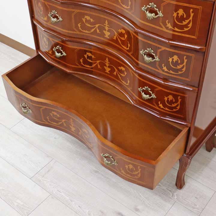 イタリア 4段 チェスト 茶 87cm 象嵌 ロココ調 家具 猫脚 完成品