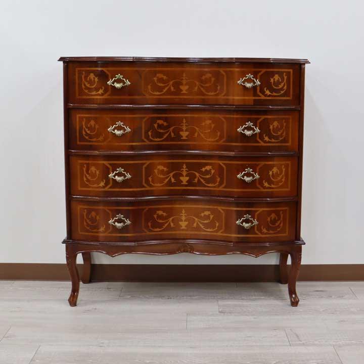 イタリア 4段 チェスト 茶 87cm 象嵌 ロココ調 家具 猫脚 完成品