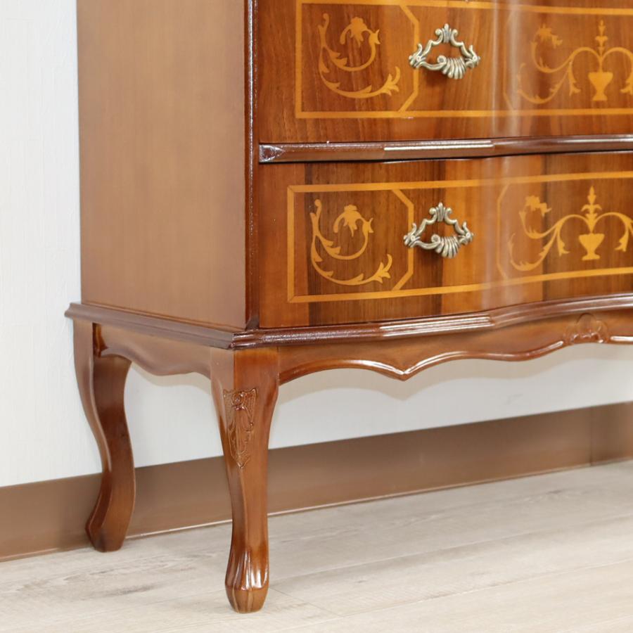 イタリア 3段 チェスト 茶 87cm 象嵌 ロココ調 家具 猫脚 丸脚 完成品