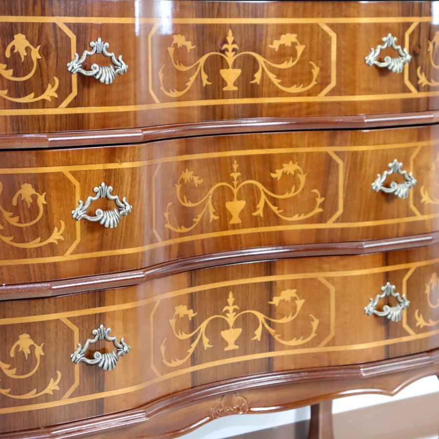 イタリア 3段 チェスト 茶 87cm 象嵌 ロココ調 家具 猫脚 丸脚 完成品