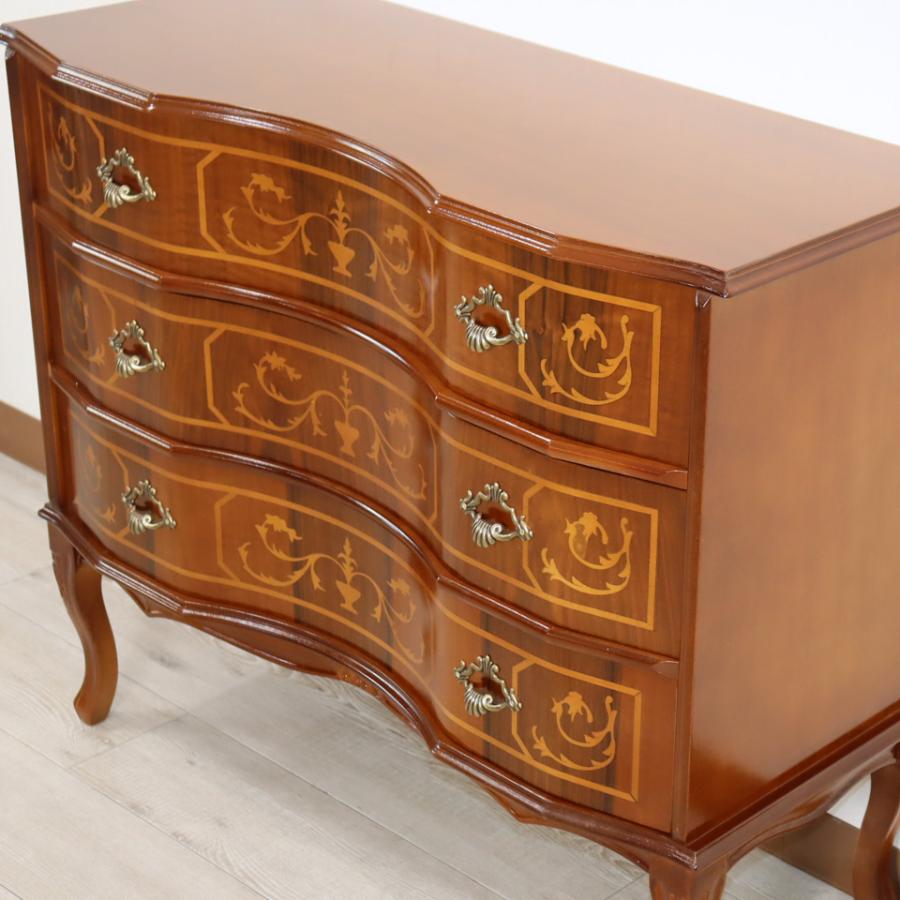 イタリア 3段 チェスト 茶 87cm 象嵌 ロココ調 家具 猫脚 丸脚 完成品