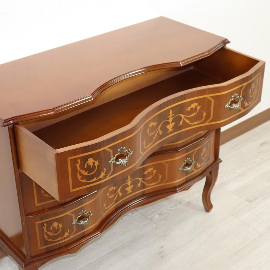 イタリア 3段 チェスト 茶 87cm 象嵌 ロココ調 家具 猫脚 丸脚 完成品