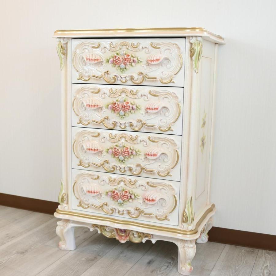 ロココ調 4段 チェスト 63cm幅 クラック仕上げ 白家具 アンティーク