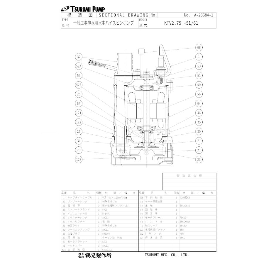 水中ハイスピンポンプ KTV2.75 60Hz 三相200V 口径50mm 鶴見製作所