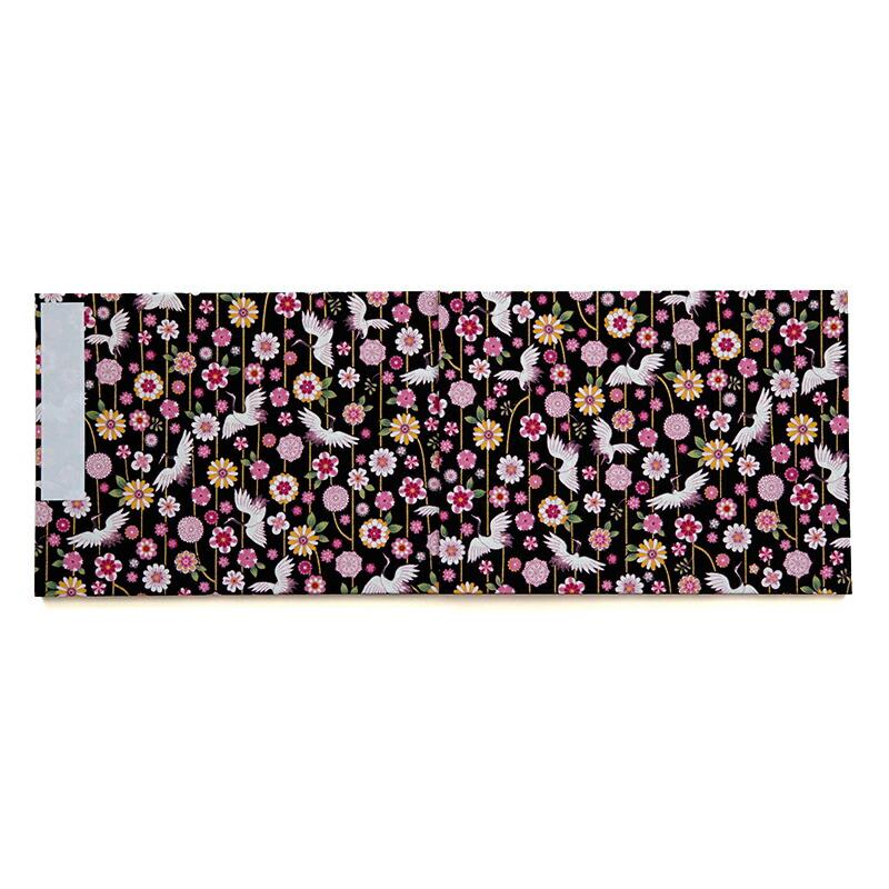HollyHock 見開き御朱印帳（納経帳）鶴と花模様 黒 梔子色 蛇腹 朱印帳