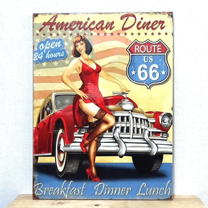 アメリカン レトロ 木製看板 セクシー American Diner 66 車 ROUTE66