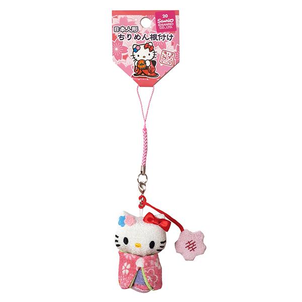 ハローキティ はろうきてぃ日本人形 ちりめん根付け ピンク（幸福桜