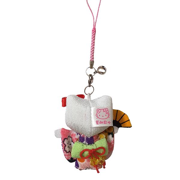 ハローキティ はろうきてぃ日本人形 ちりめん根付け ピンク（扇子
