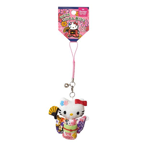 ハローキティ はろうきてぃ日本人形 ちりめん根付け ピンク（扇子